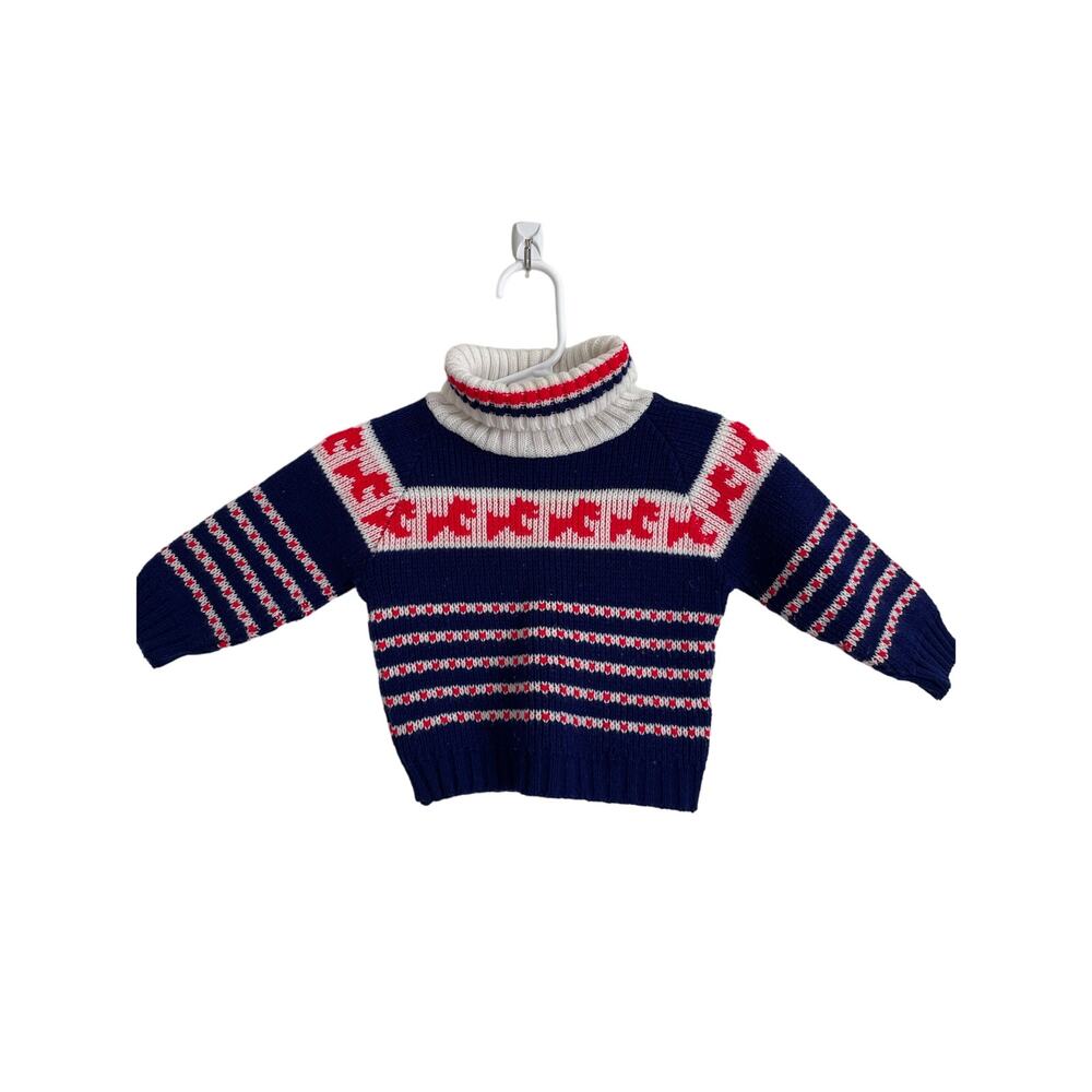 K-mart vintage turtleneck sweater red blue dogs heavyweight cozy casual Size 12m